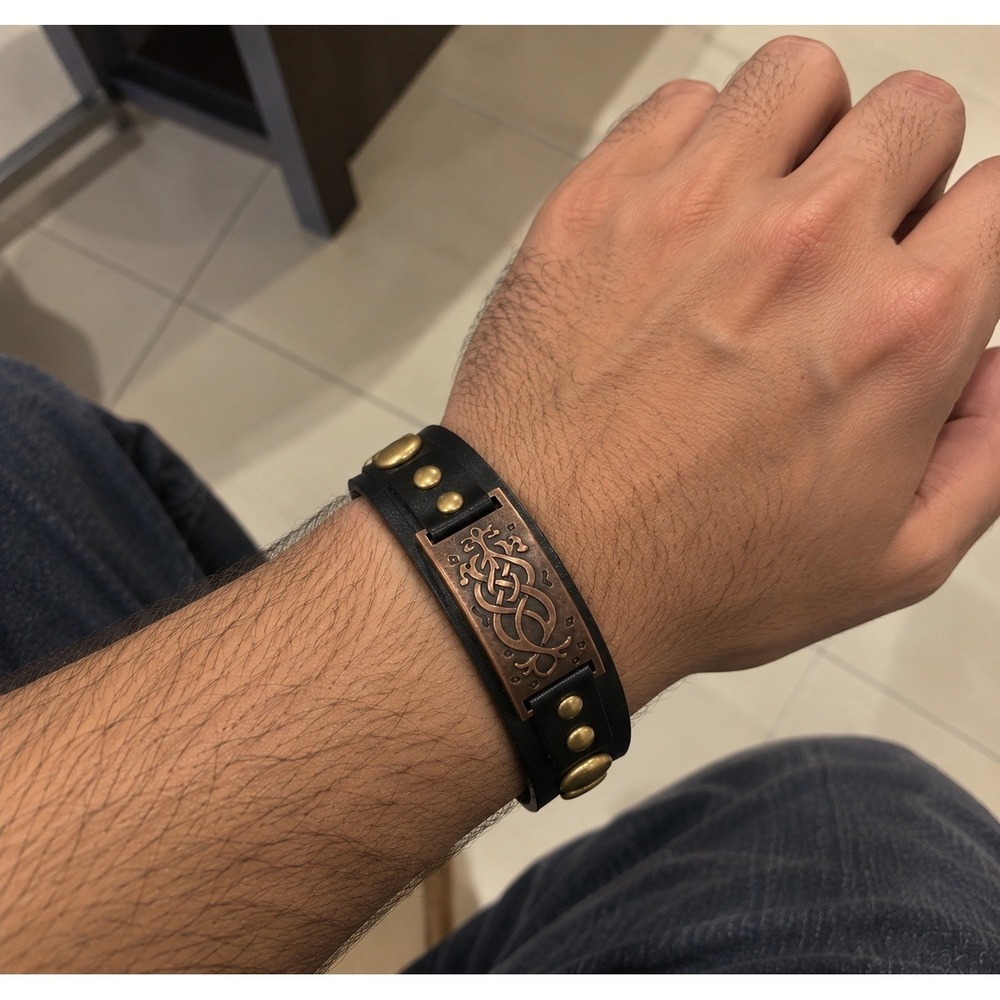Mens Black faux Leather Viking Celtic Knot Cuff Bracelet Copper Plate Adjustable